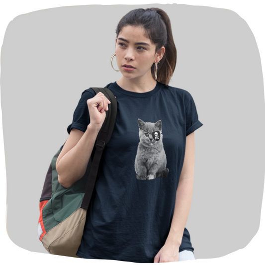 T-shirt en coton recyclé — Chat pirate cache-œil tête de mort,