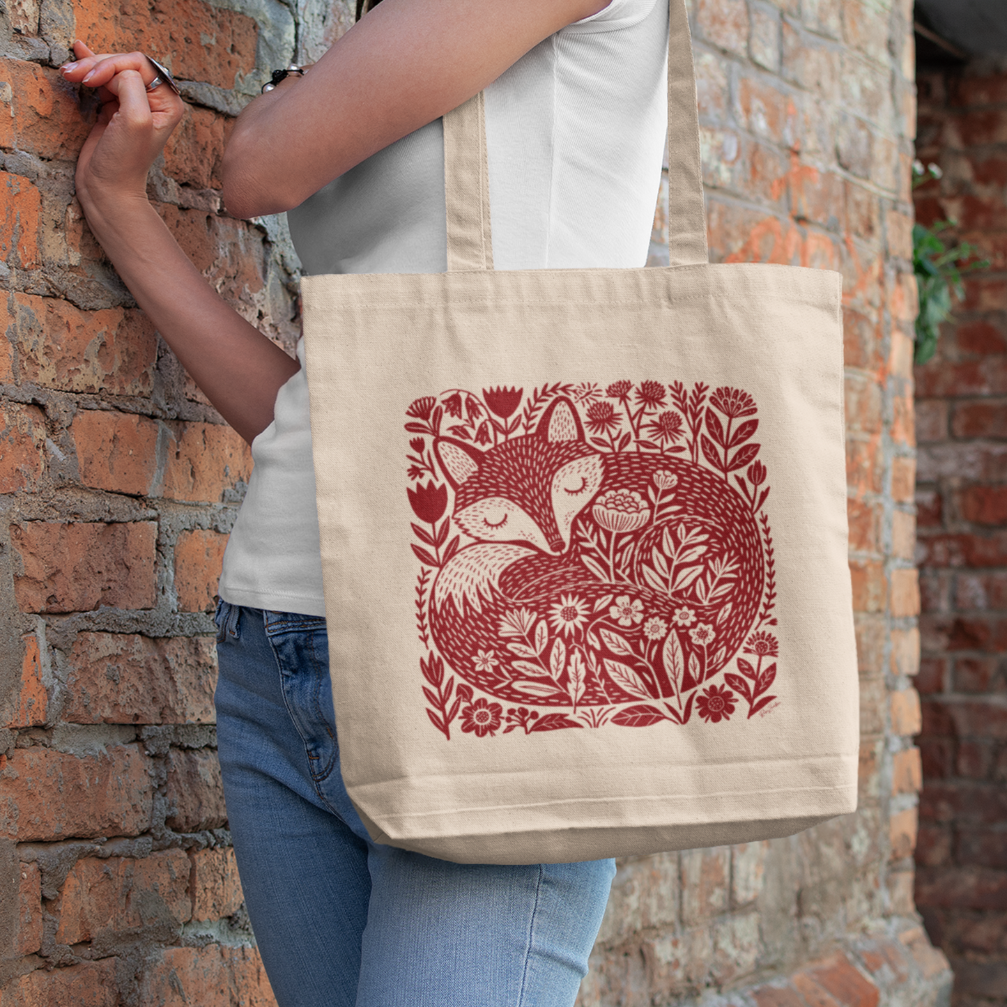 Sac tote bag coton bio — Renard endormi folk art