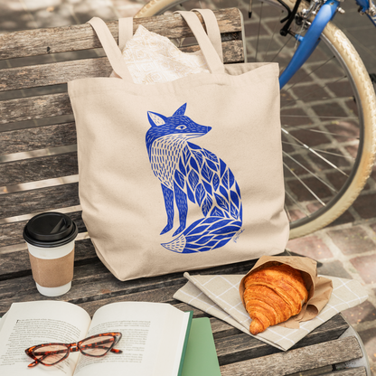 Sac tote écolo — Renard linogravure bleu cobalt