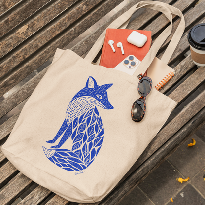 Sac tote écolo — Renard linogravure bleu cobalt