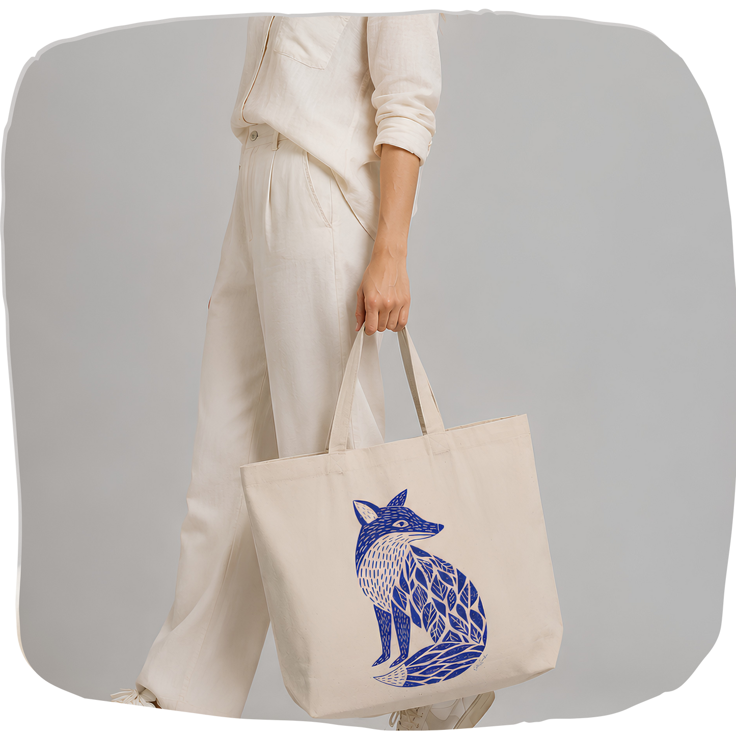 Sac tote écolo — Renard linogravure bleu cobalt