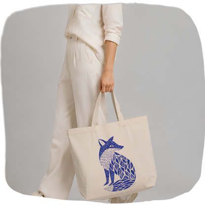Sac tote écolo — Renard linogravure bleu cobalt