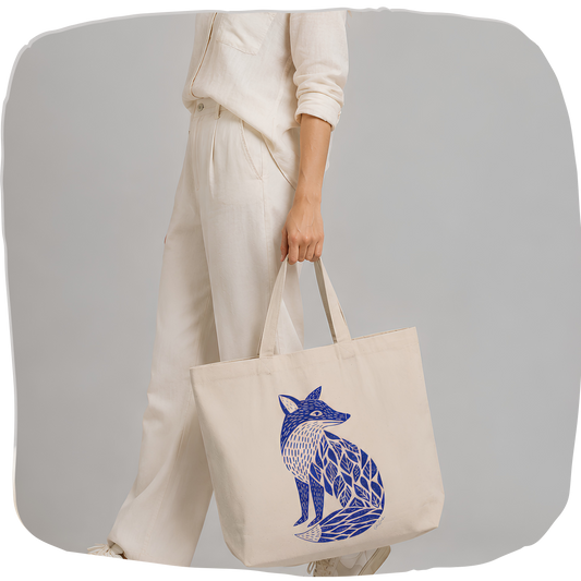 Sac tote écolo — Renard linogravure bleu cobalt