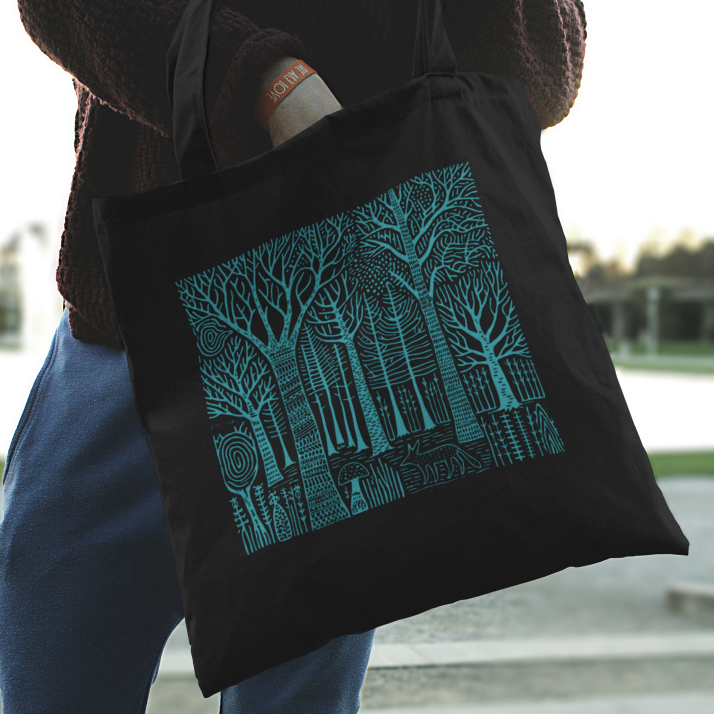 Black organic cotton tote bag — Turquoise forest and fox illustration