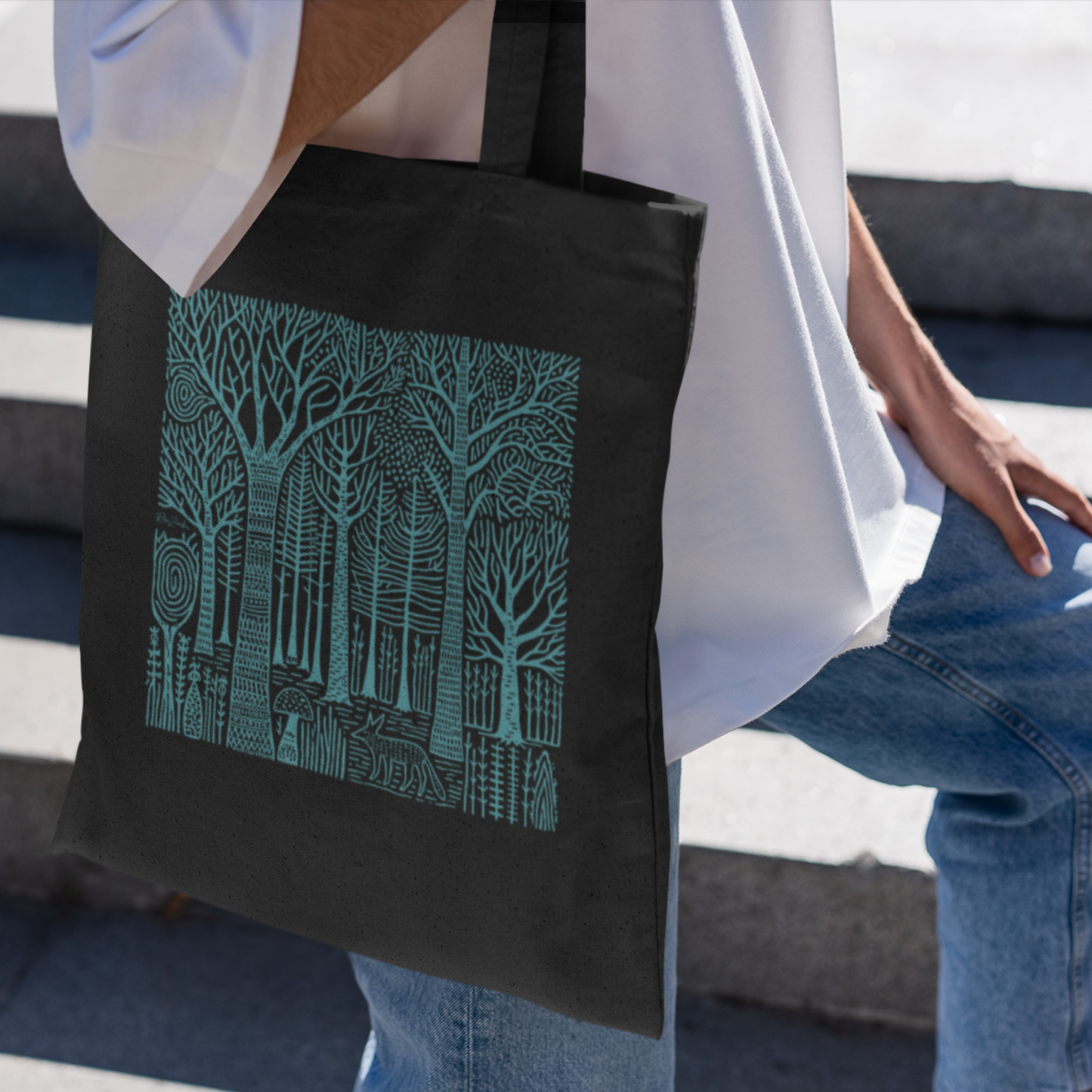 Black organic cotton tote bag — Turquoise forest and fox illustration