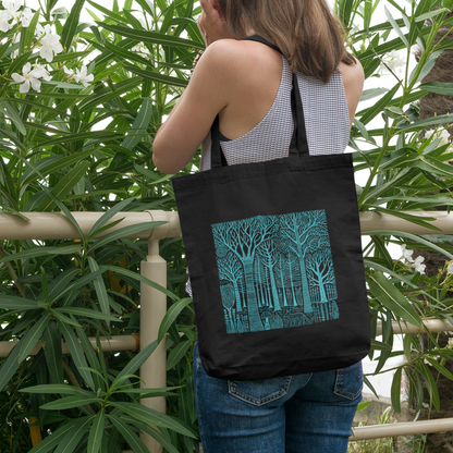 Black organic cotton tote bag — Turquoise forest and fox illustration