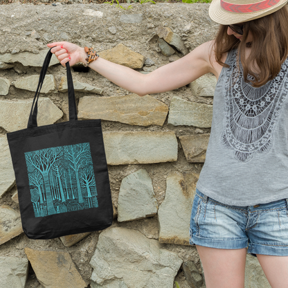 Black organic cotton tote bag — Turquoise forest and fox illustration