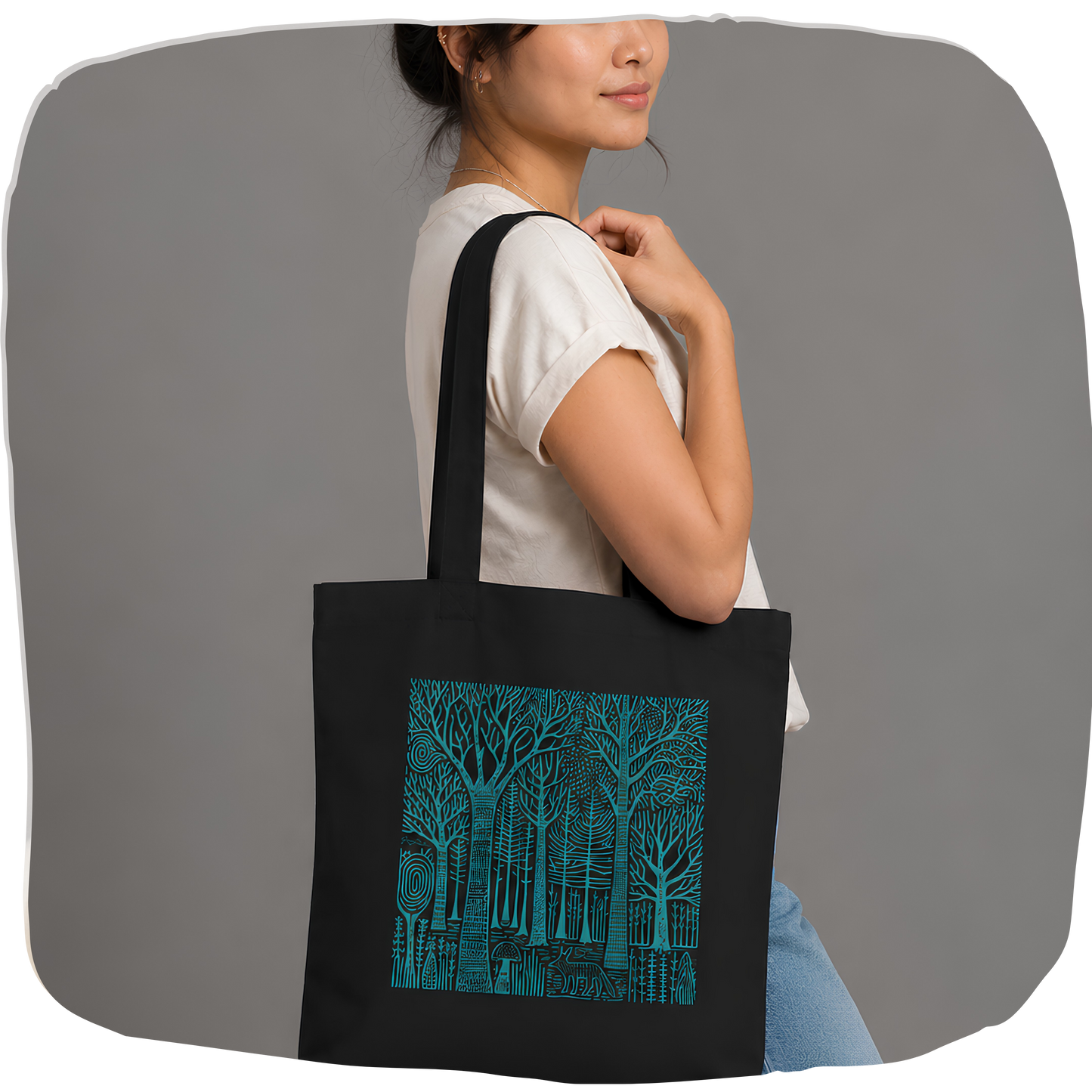 Sac tote noir coton bio — Forêt et renard illustration turquoise