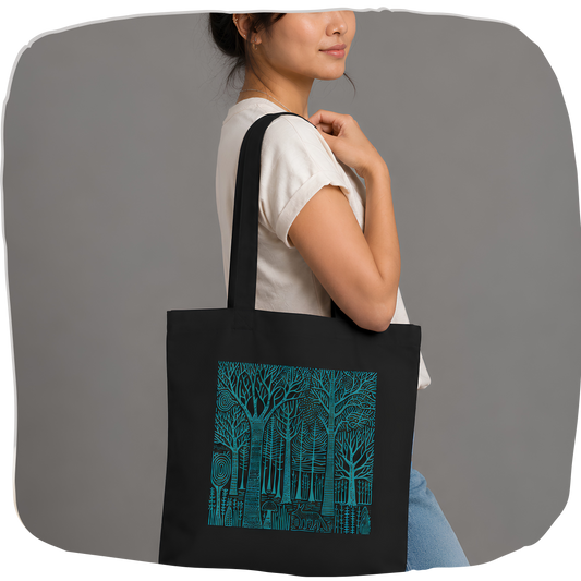 Sac tote noir coton bio — Forêt et renard illustration turquoise