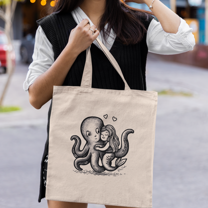 Tote bag en coton bio — Pieuvre et sirène enlacées en illustration dotwork