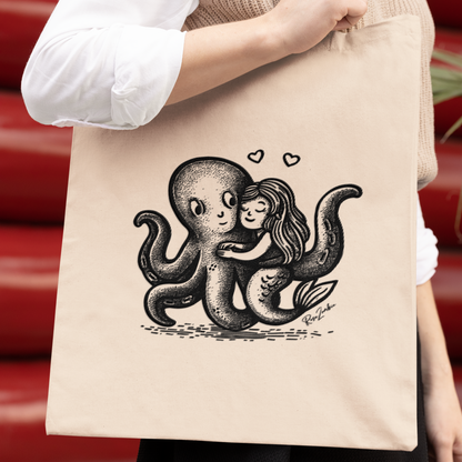 Tote bag en coton bio — Pieuvre et sirène enlacées en illustration dotwork