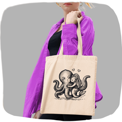 Tote bag en coton bio — Pieuvre et sirène enlacées en illustration dotwork