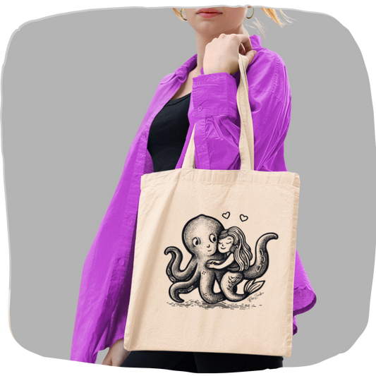 Tote bag en coton bio — Pieuvre et sirène enlacées en illustration dotwork