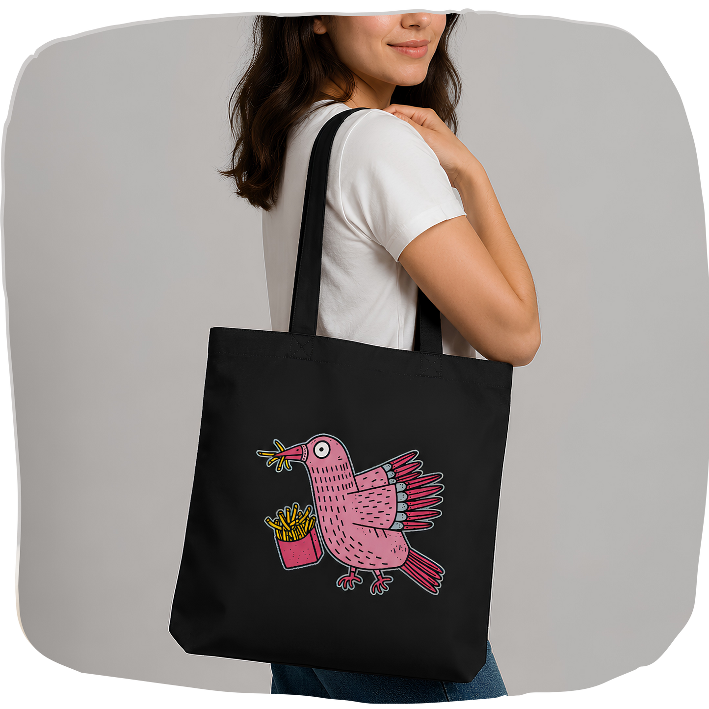 Sac tote bag coton bio noir — Pigeon rose voleur de frites