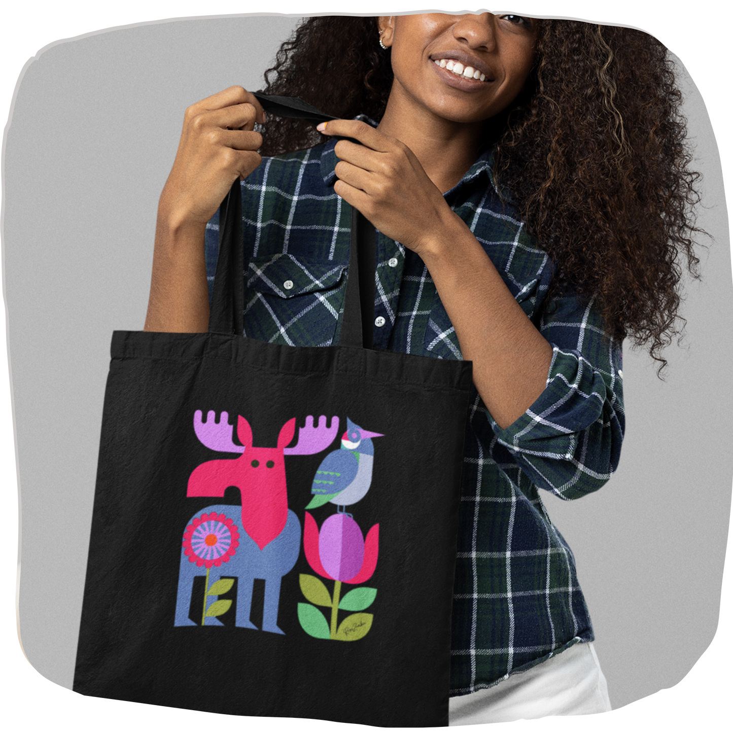 Sac tote en coton bio noir — Orignal et oiseau folk géométrique multicolore