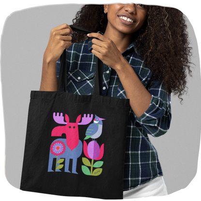 Sac tote en coton bio noir — Orignal et oiseau folk géométrique multicolore