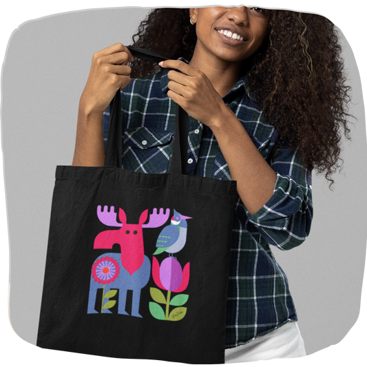 Sac tote en coton bio noir — Orignal et oiseau folk géométrique multicolore