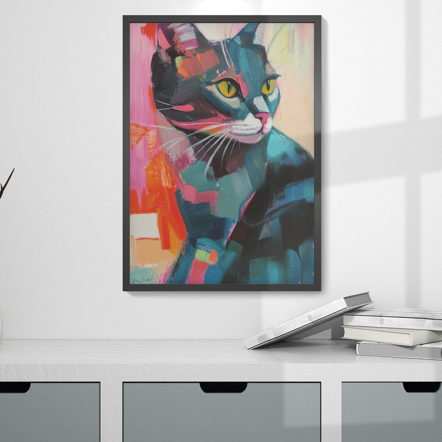 Póster impreso al estilo de una pintura de gato.