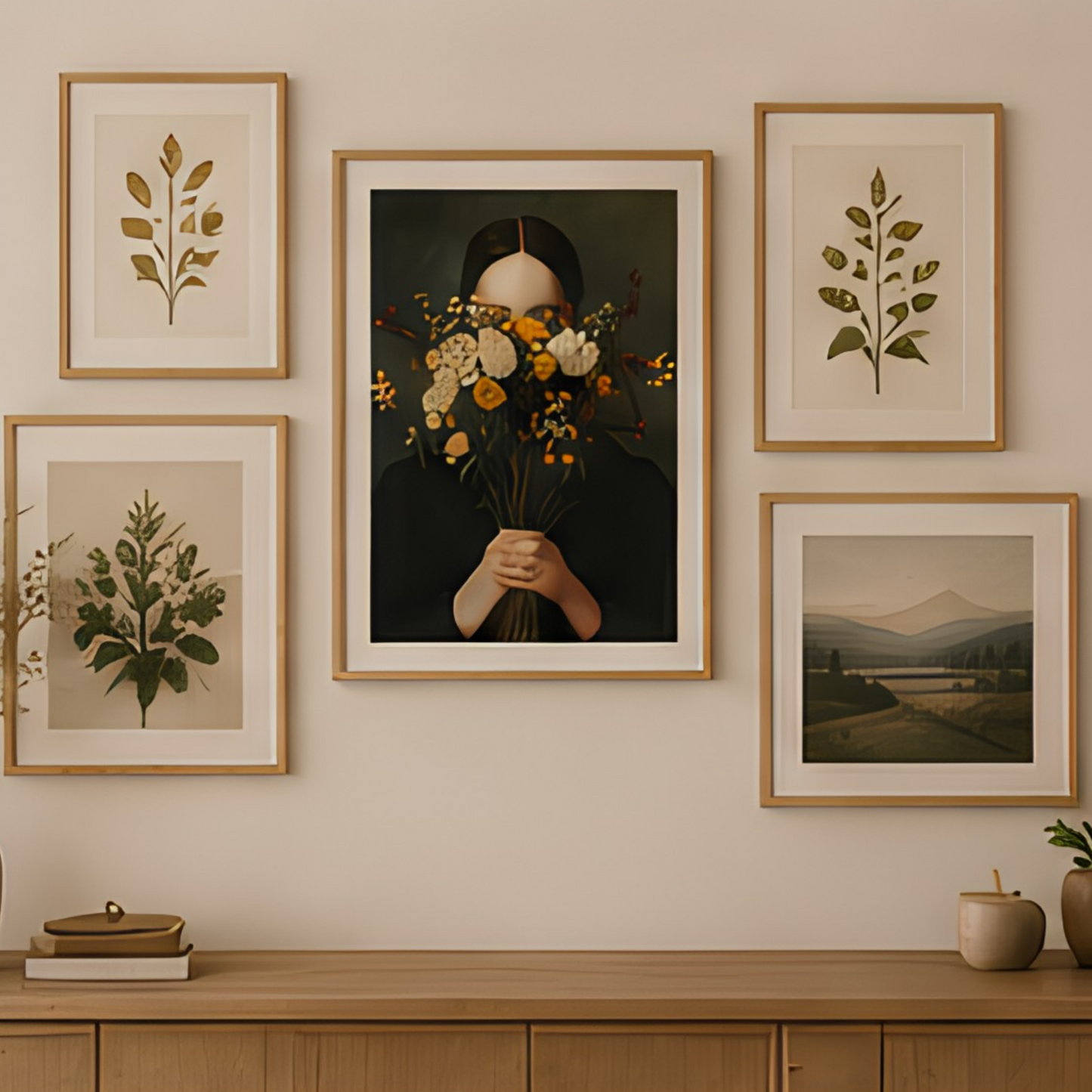 Painting-style printed poster of a young woman with a bouquet of flowers