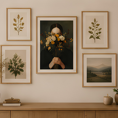 Painting-style printed poster of a young woman with a bouquet of flowers