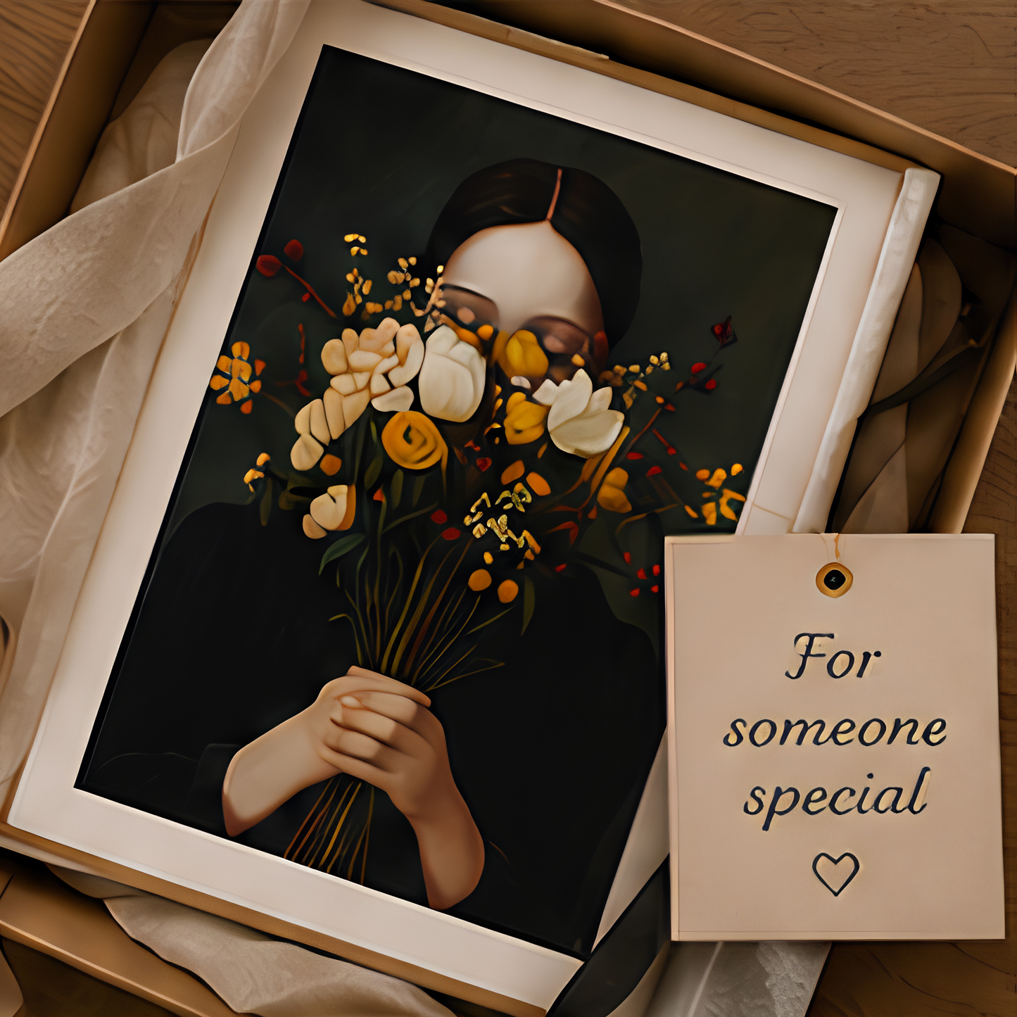 Painting-style printed poster of a young woman with a bouquet of flowers