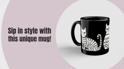 Tasse noire en céramique de 11 oz - Imprimé de chats