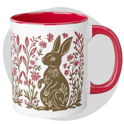 Tasse bicolore — Lapin folk art kaki et fleurs rouge framboise