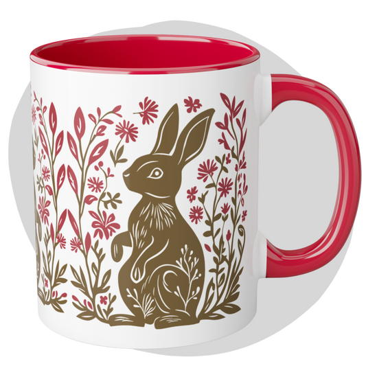 Tasse bicolore — Lapin folk art kaki et fleurs rouge framboise