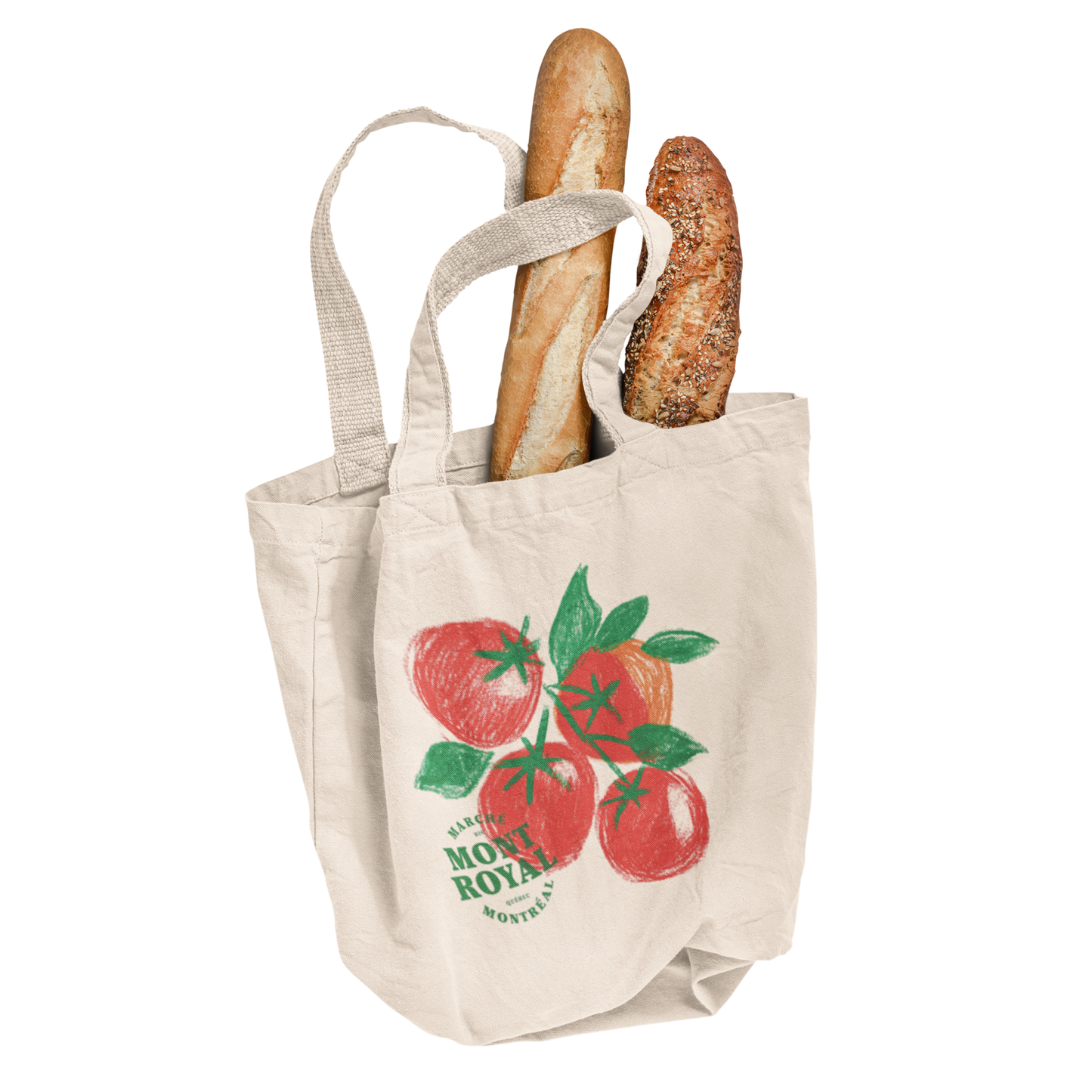 Sac tote beige en coton bio – Design tomates Marché Mont-Royal