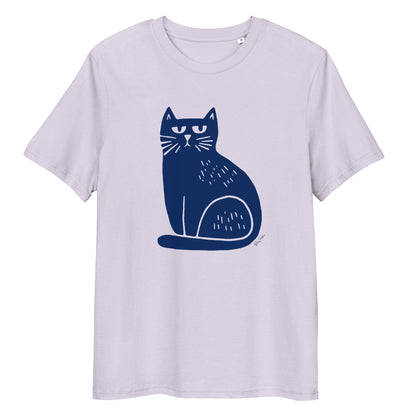 T-shirt en coton bio – Illustration chat minimaliste bleu marine