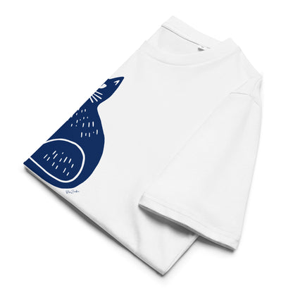 T-shirt en coton bio – Illustration chat minimaliste bleu marine