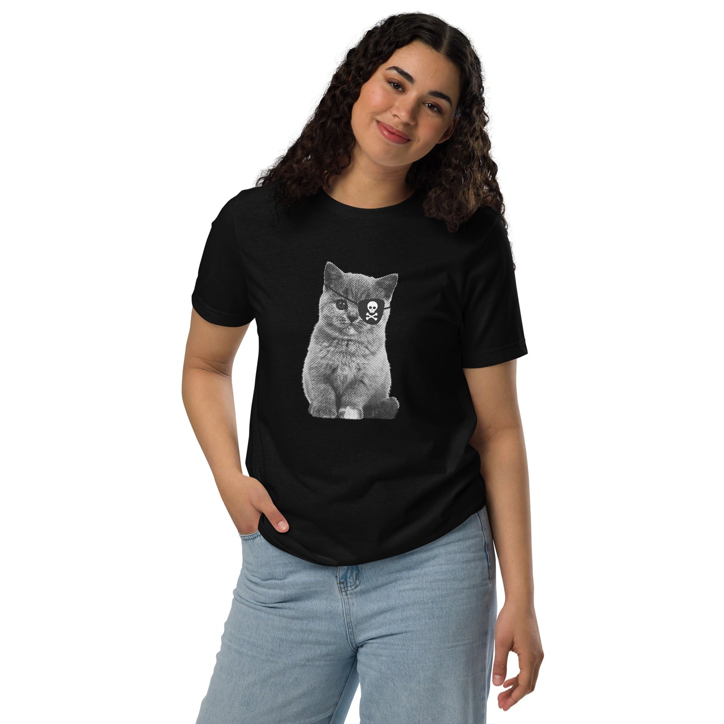 T-shirt en coton recyclé — Chat pirate cache-œil tête de mort,