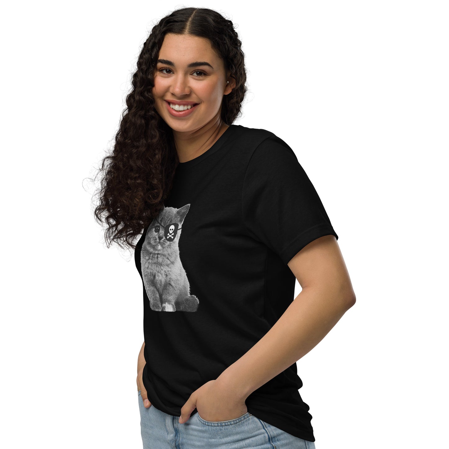 T-shirt en coton recyclé — Chat pirate cache-œil tête de mort,