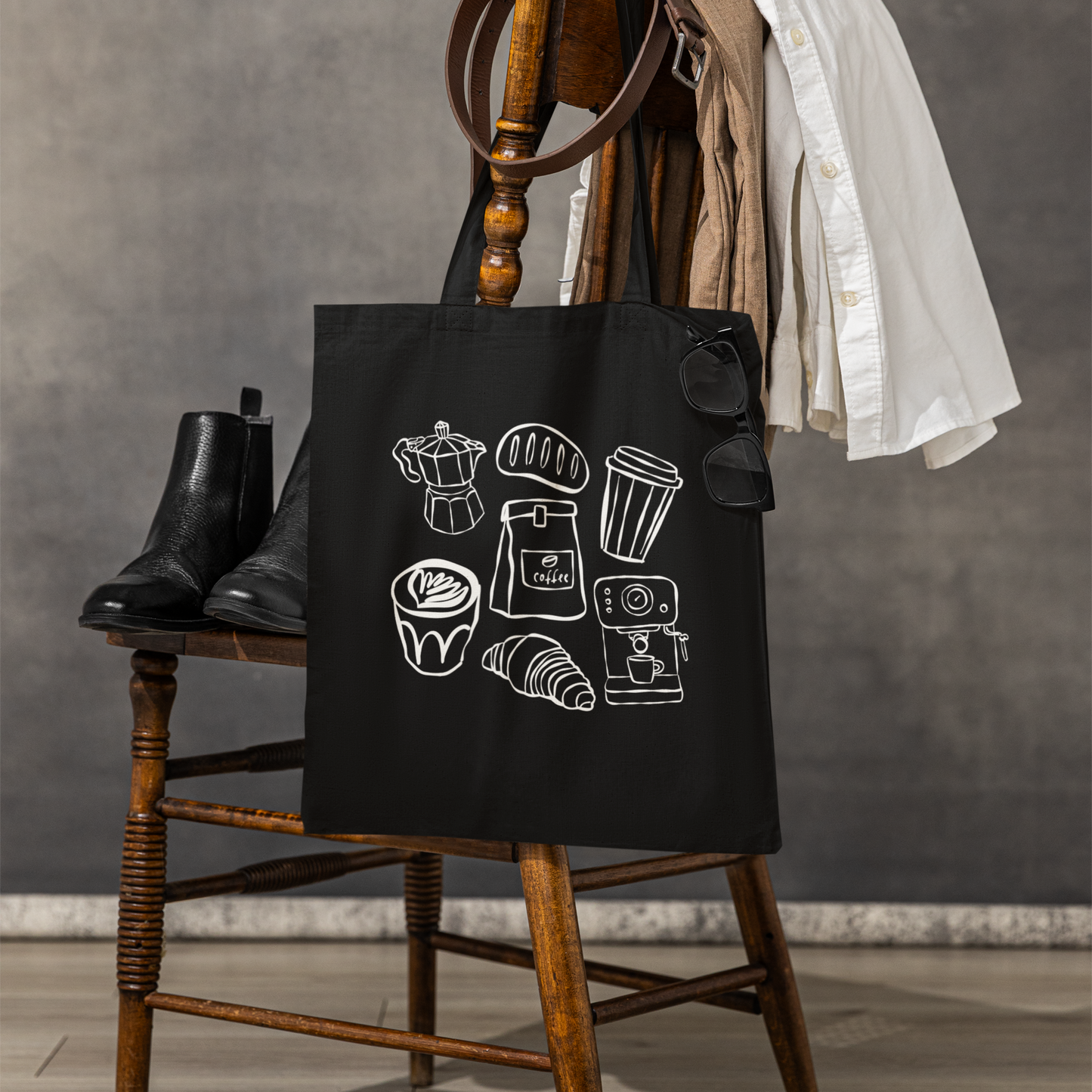 Sac tote noir en coton bio - Dessin style sketch thématique café