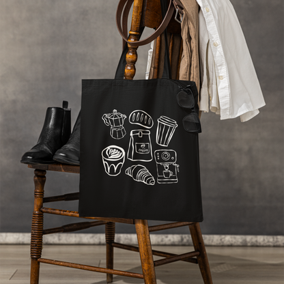 Sac tote noir en coton bio - Dessin style sketch thématique café