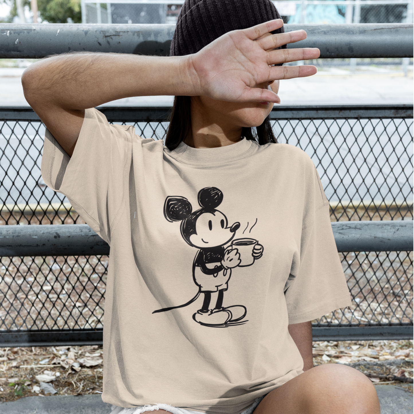 T-shirt en coton bio oversize - Mickey vintage avec tasse de café