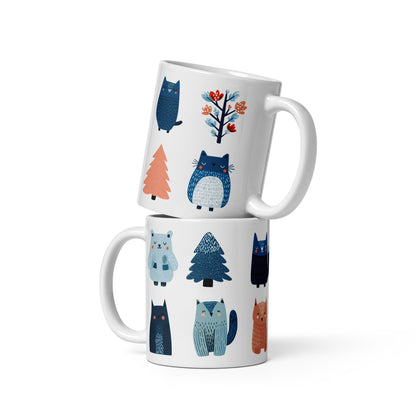 Tasse blanche en céramique — llustration scandinave d'animaux de forêt nordique