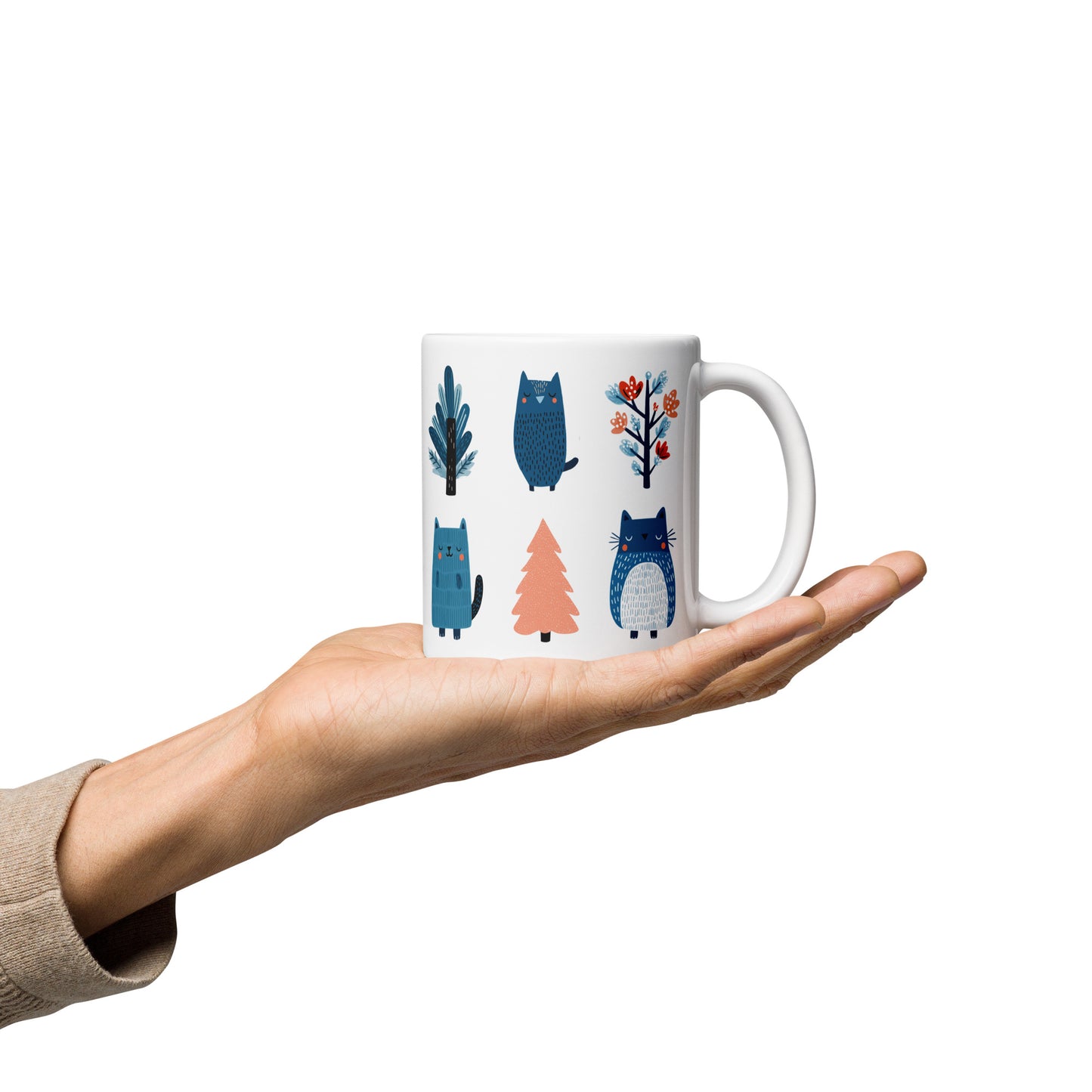 Tasse blanche en céramique — llustration scandinave d'animaux de forêt nordique