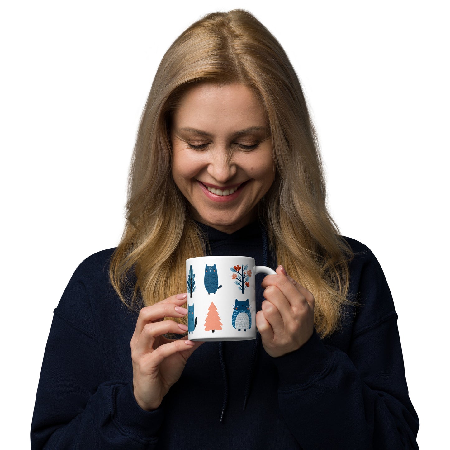 Tasse blanche en céramique — llustration scandinave d'animaux de forêt nordique