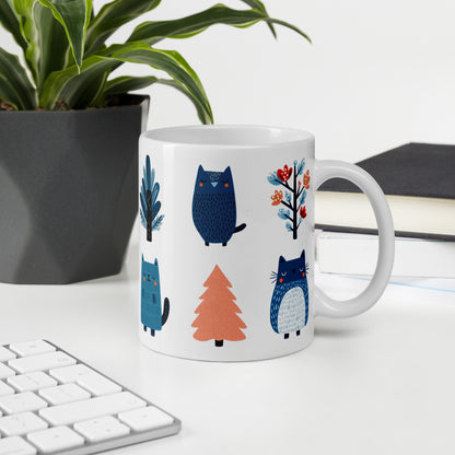 Tasse blanche en céramique — llustration scandinave d'animaux de forêt nordique