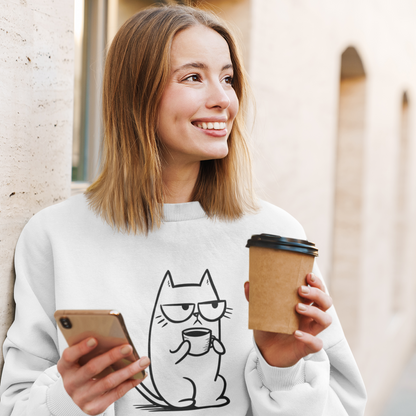 Pull prérétréci écoresponsable – Chat blasé et tasse de café