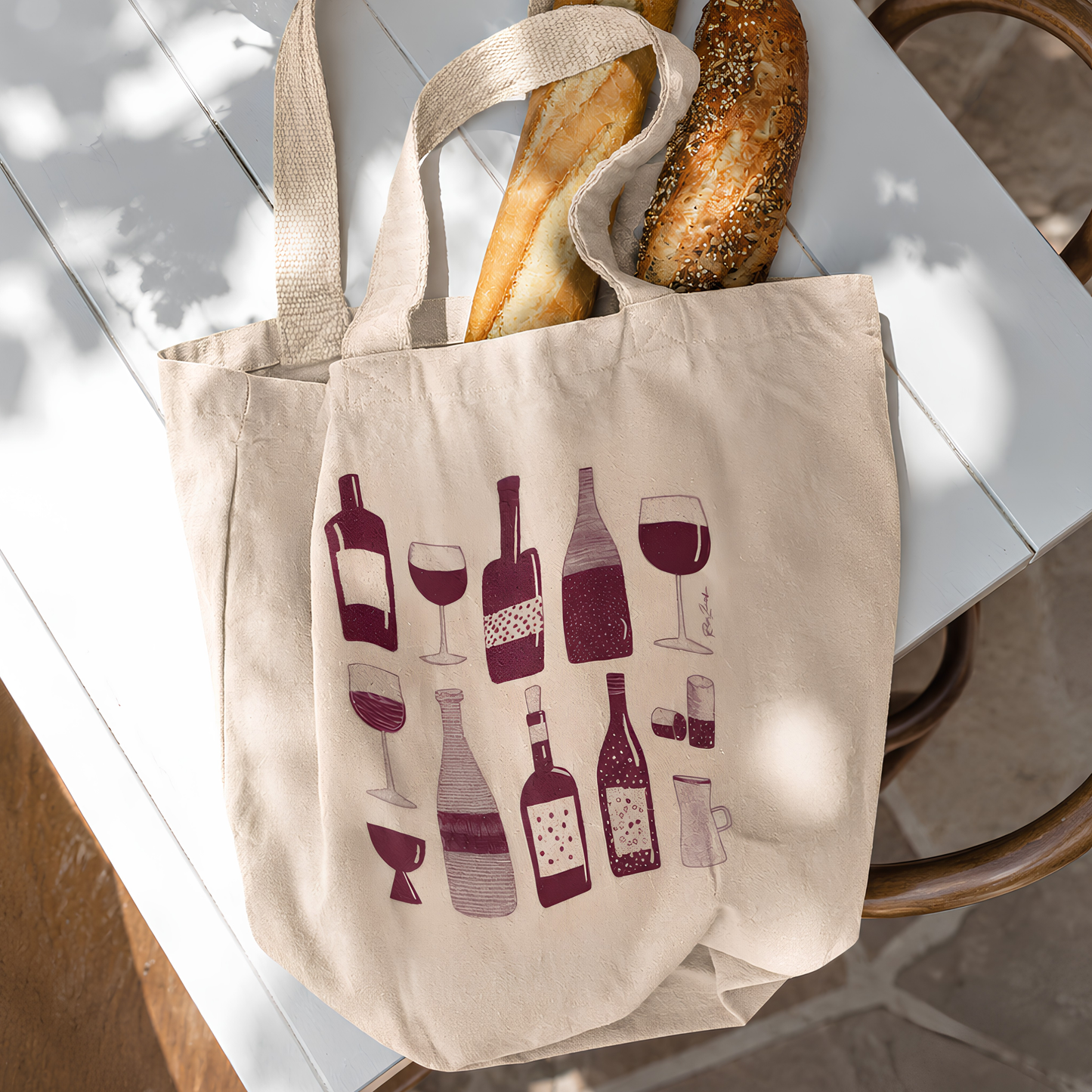 Sac tote beige en coton bio – Motif vin et Verres