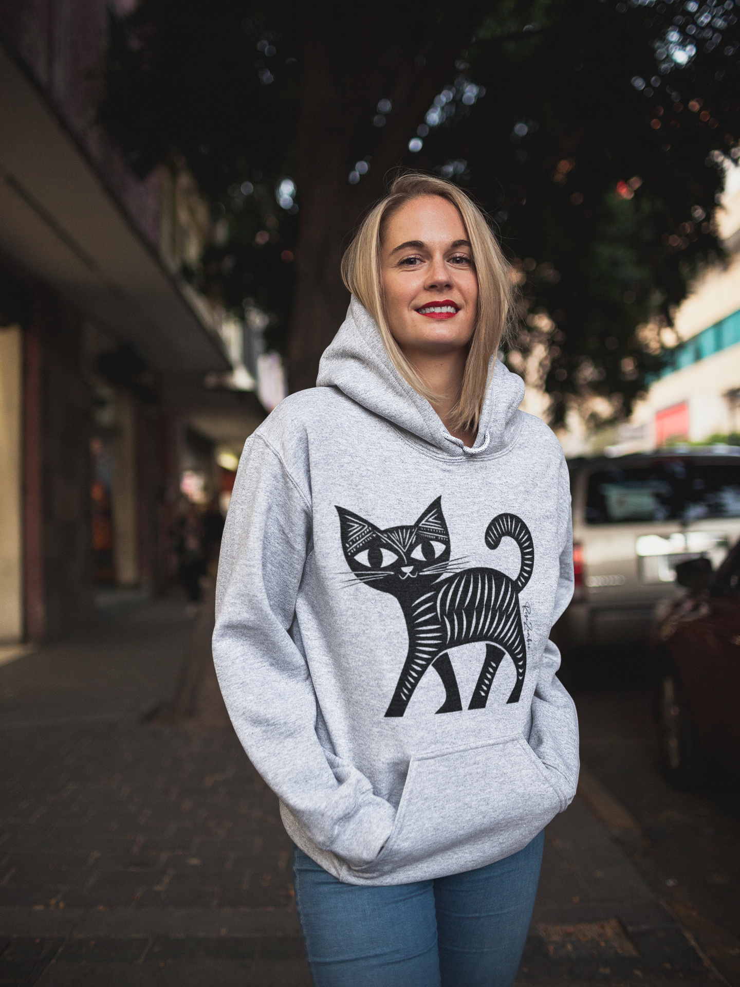 Sweatshirt à capuche en coton durable - Motif de chat - rose zombie